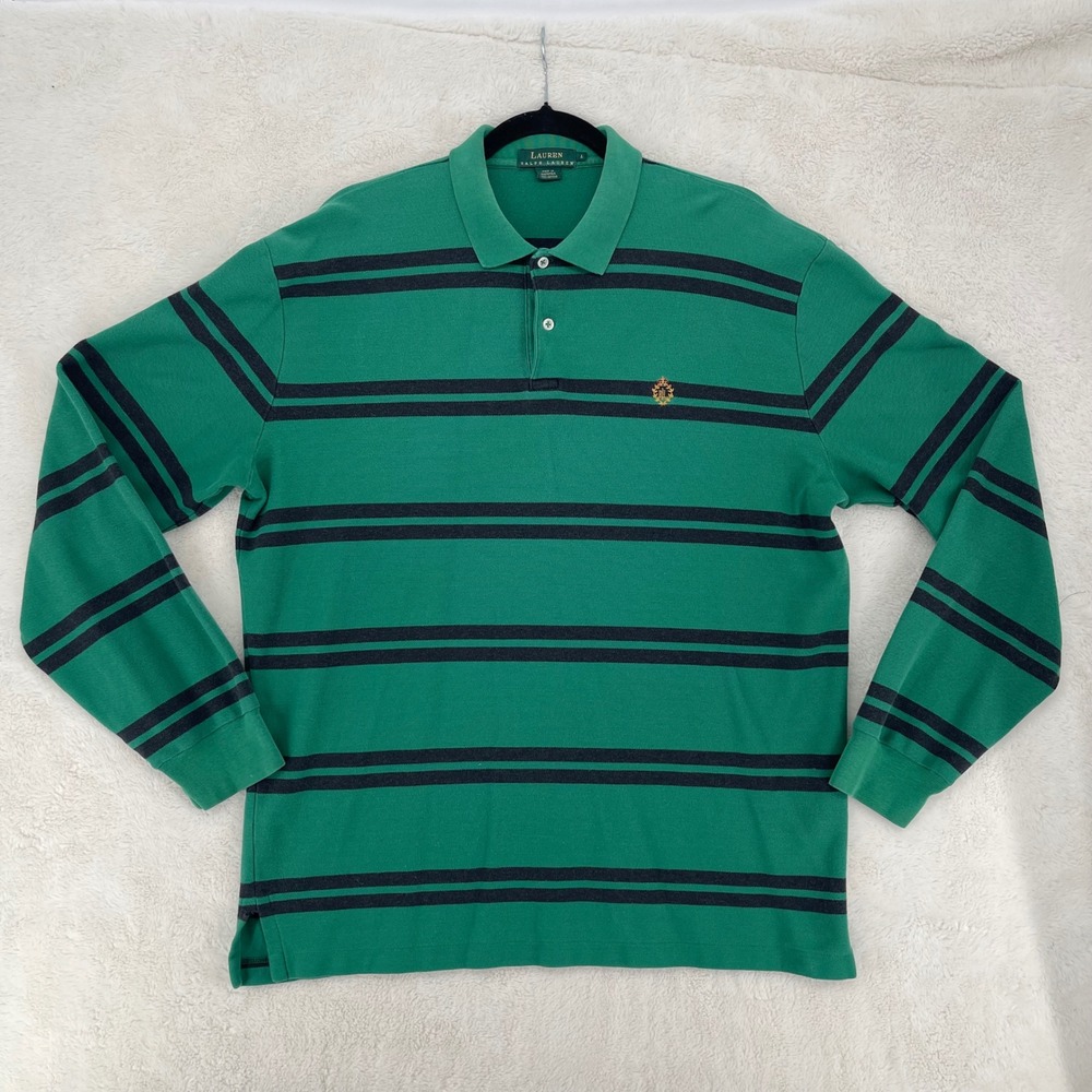 Lauren Ralph Lauren Mens Large Green Navy Striped Long Sleeve Crest Polo Shirt